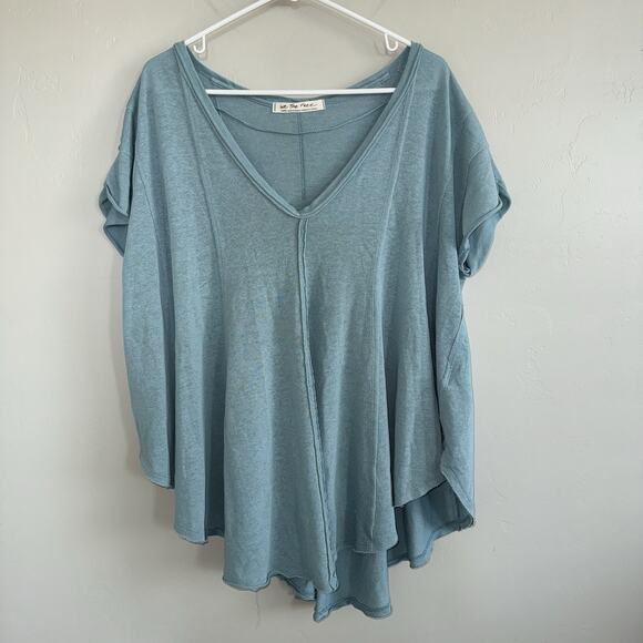 We The Free Sammie Pleated Top Woman’s Sz L Aqua Blue Oversized Raw Edge Pleated - Picture 2 of 9